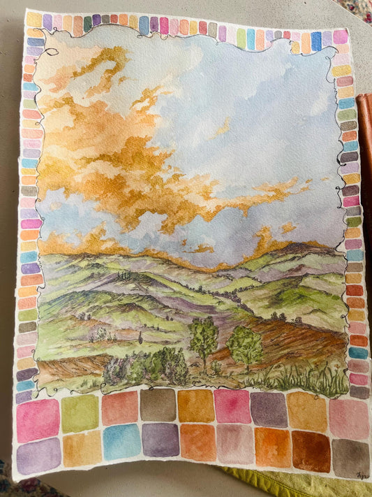 Patchwork Fields: Watercolor Landscape Painting with Gold