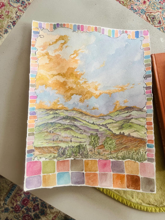 Patchwork Fields: Watercolor Landscape Painting with Gold